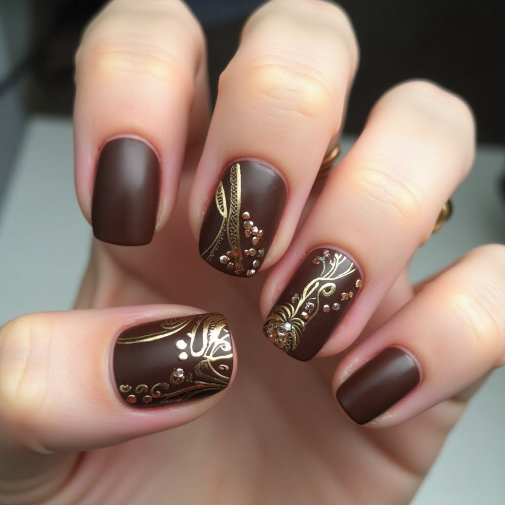 Chocolate Brown Freehand Art Nail Design