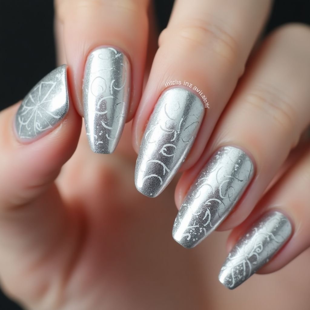 Silver Freehand art Nail Design