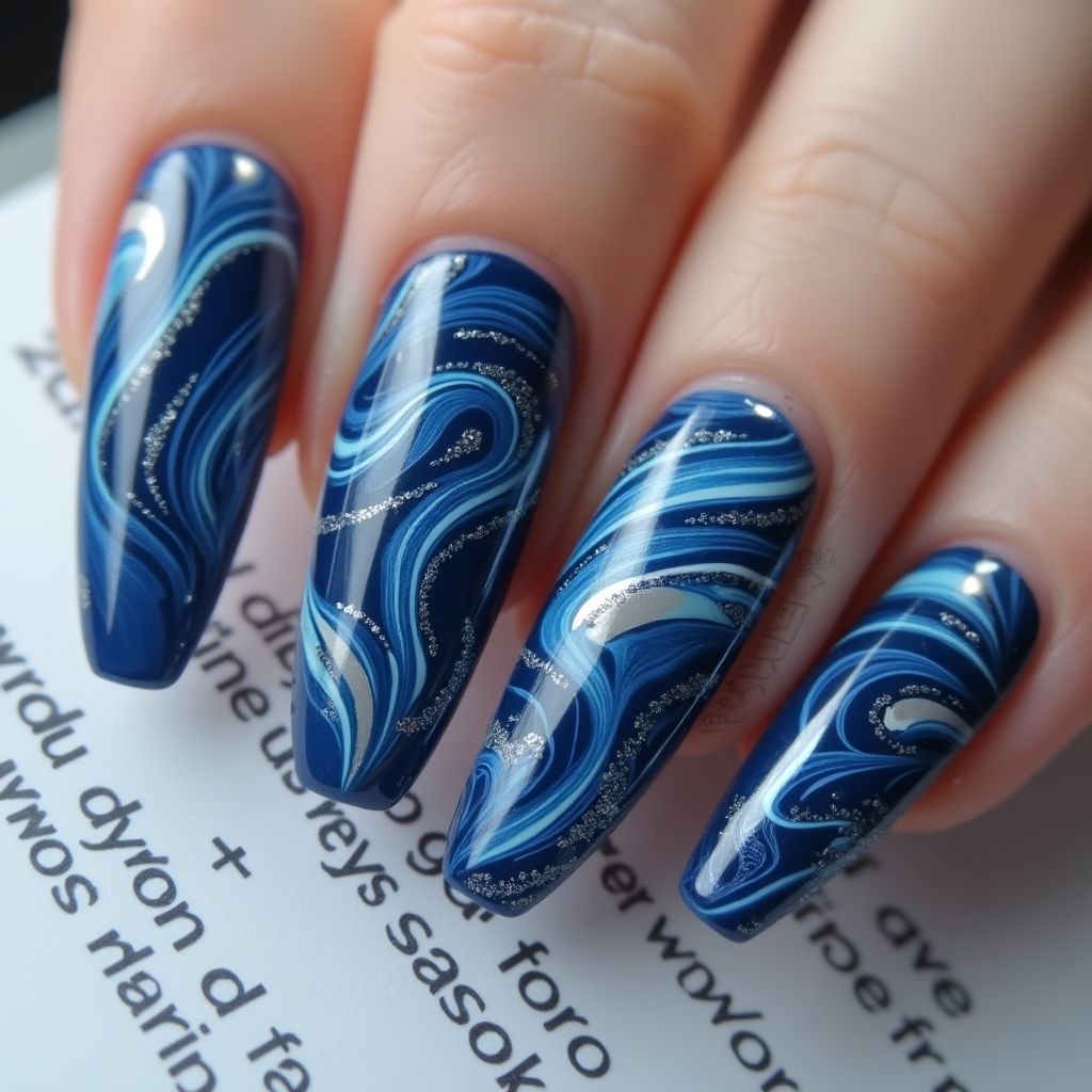 Navy Blue Water Marbling Nail Design