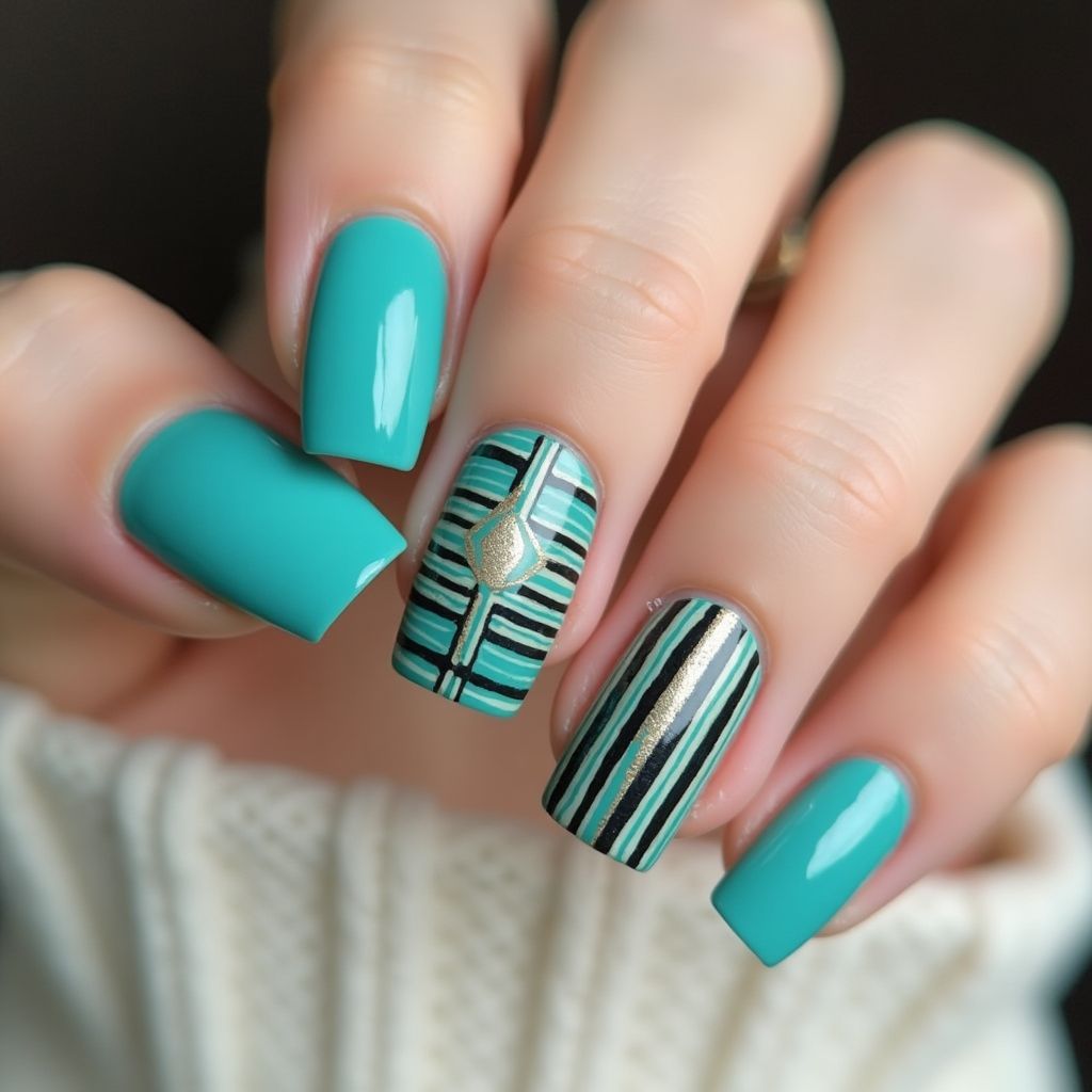 Turquoise Stripes And Lines Nail Design