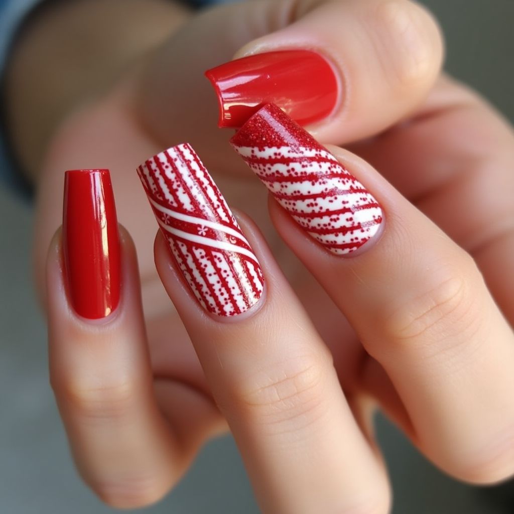 Red Stripes and lines Nail Design
