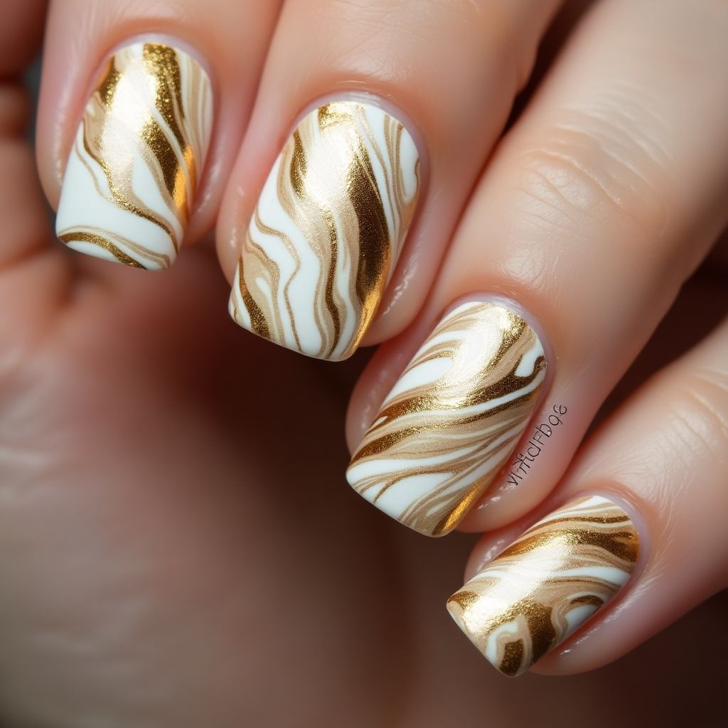Gold Water Marbling Nail Design