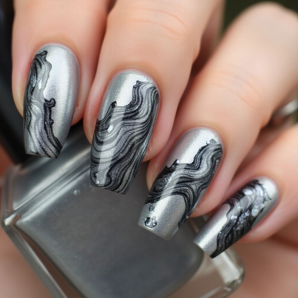 Silver Water Marbling Nail Design