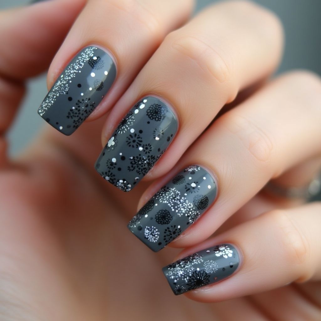 Charcoal Gray Dotting Nail Design