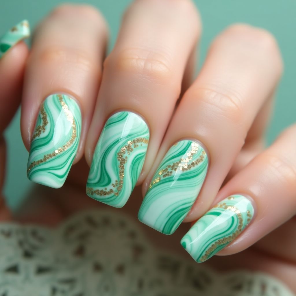 Mint Green Water Marbling Nail Design
