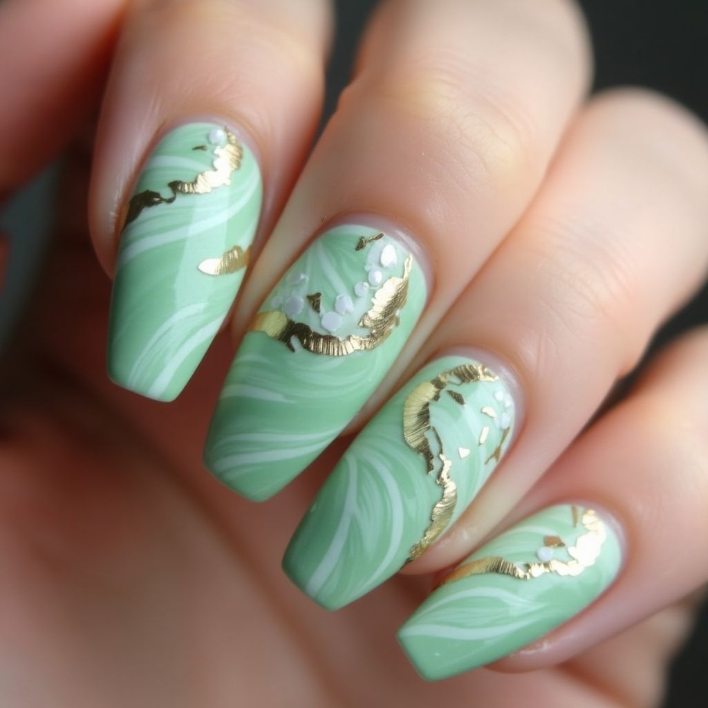 Mint Green Water Marbling Nail Design