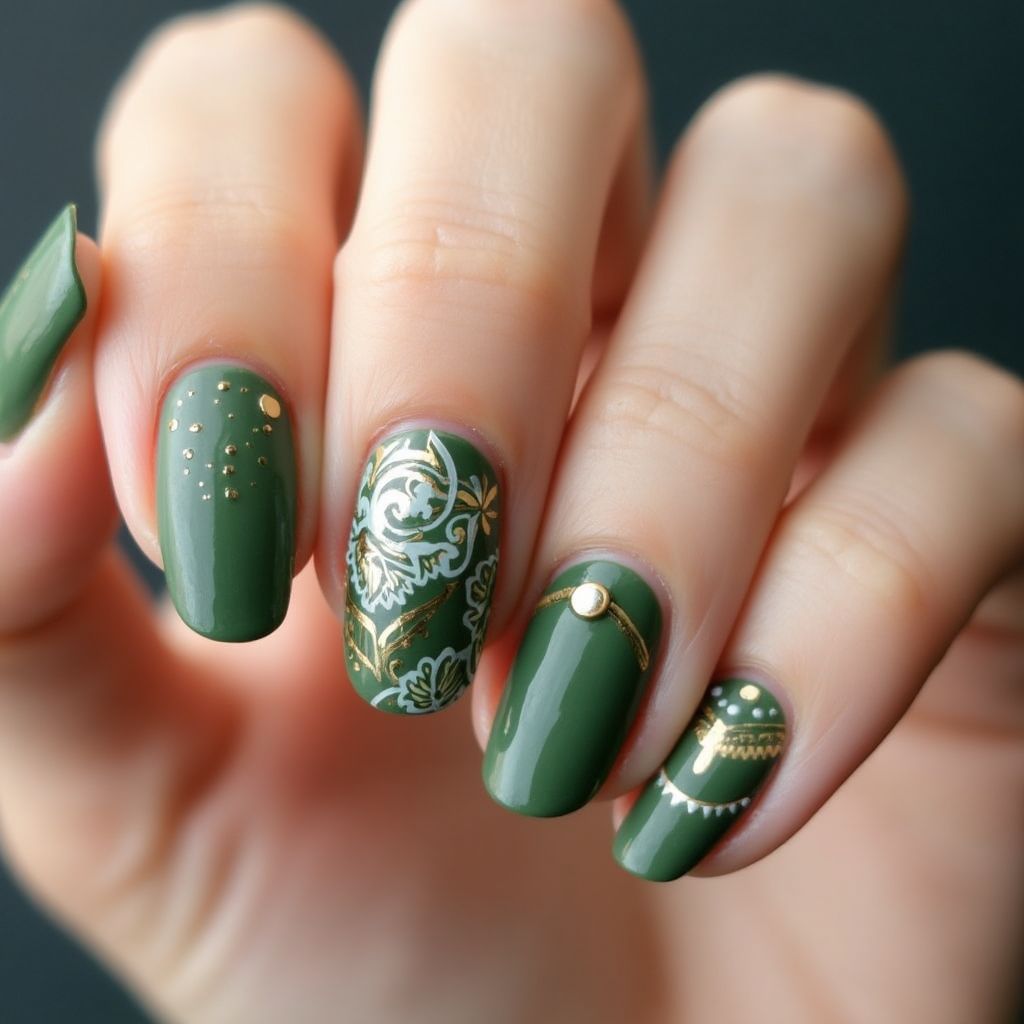 Olive Green Freehand Art Nail Design