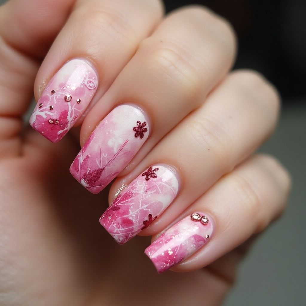Pink Freehand Art Nail Design
