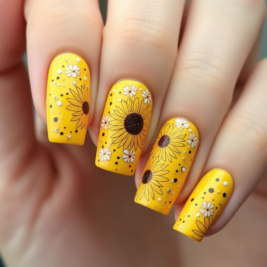 Yellow Freehand Art Nail Design