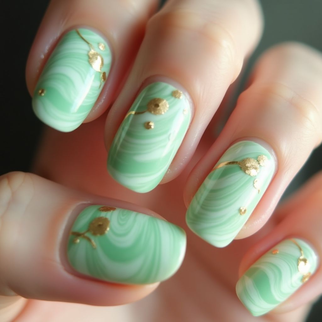 Pastel Green Water Marbling Nail Design