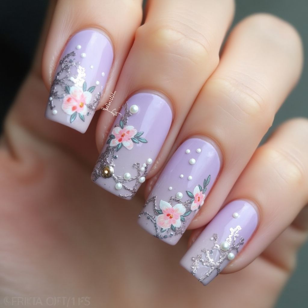 Lavender Freehand art Nail Design