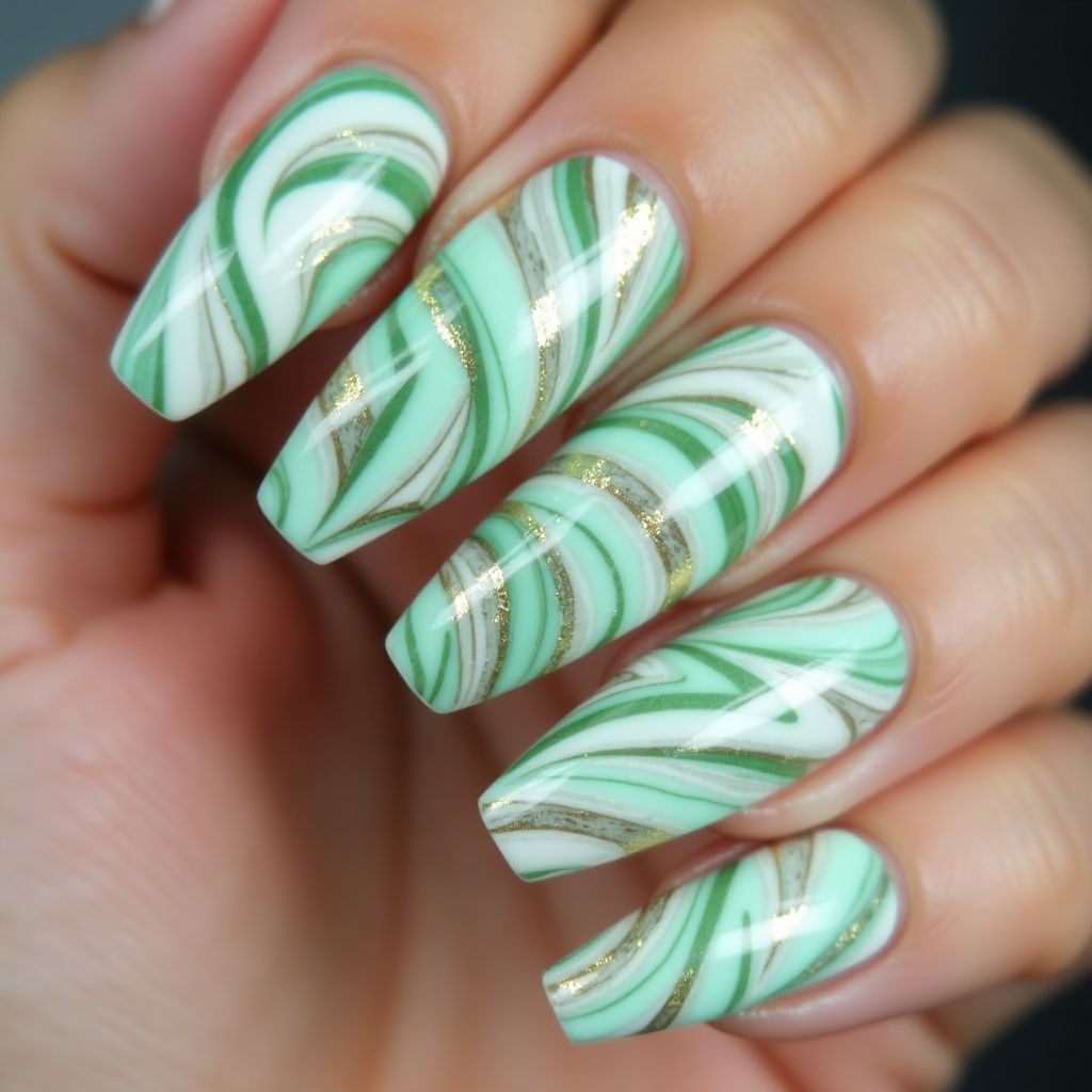 Mint Green Water Marbling Nail Design