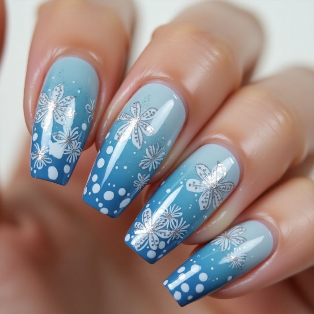 Sky blue Freehand art Nail Design