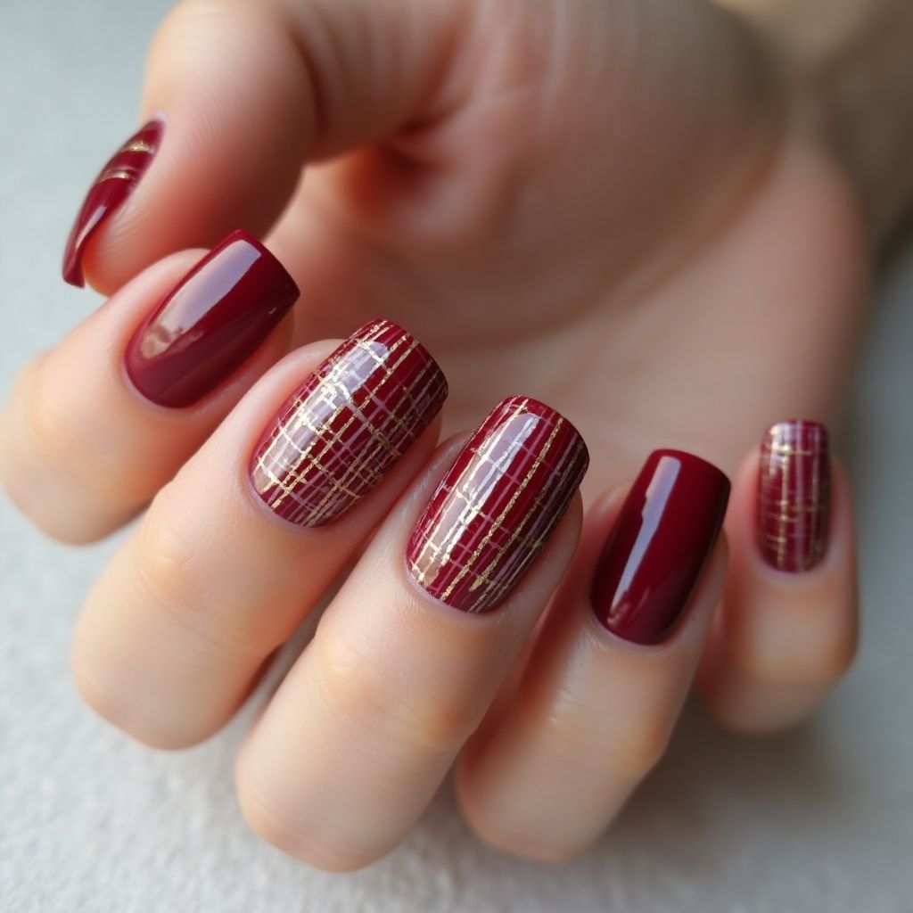 Burgundy Stripes And Lines Nail Design