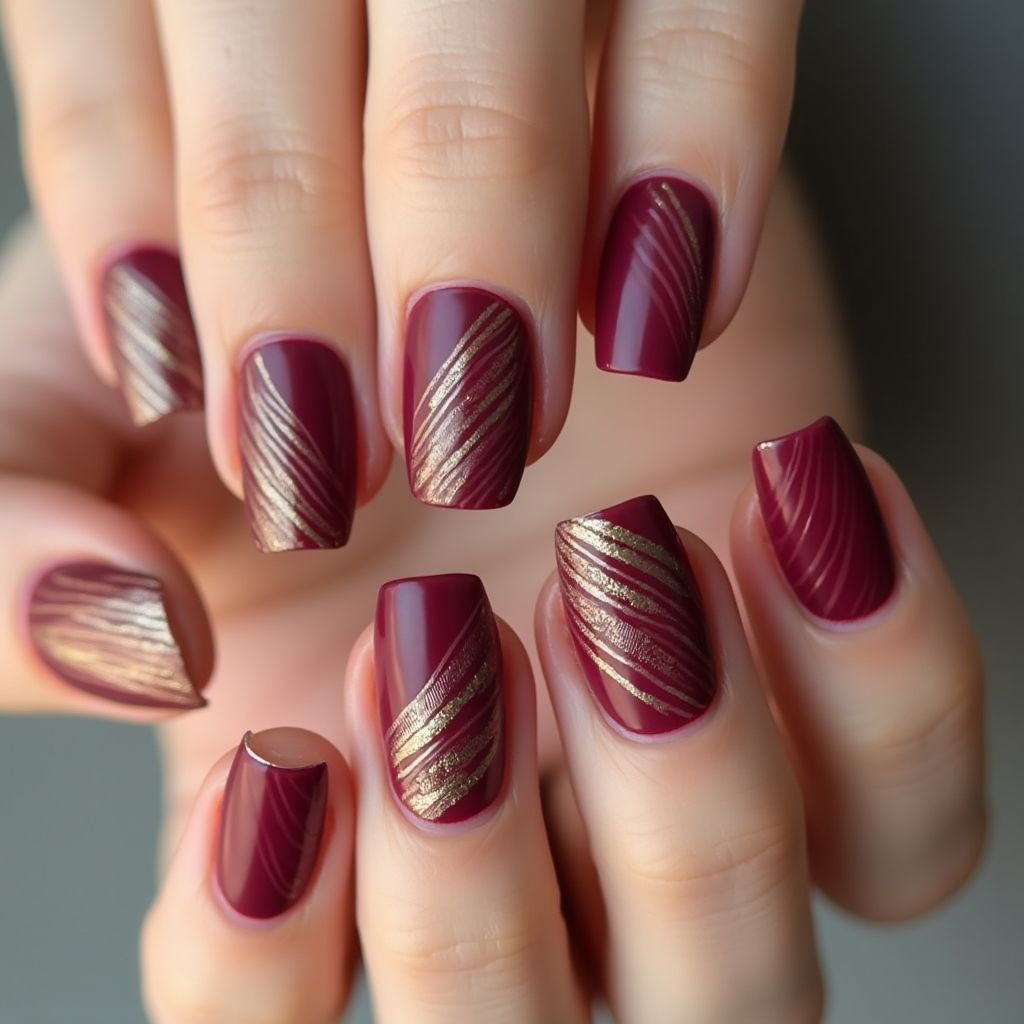 Burgundy Stripes And Lines Nail Design