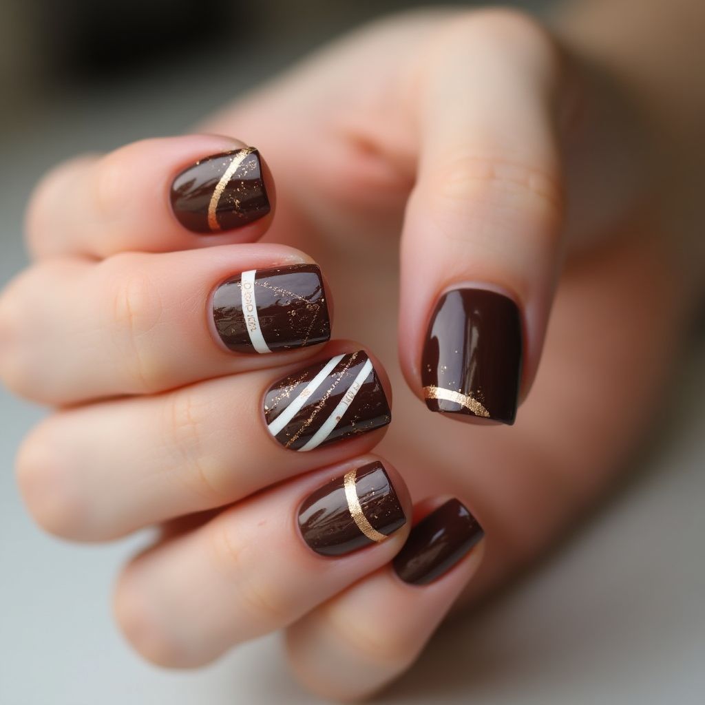 Chocolate Brown Stripes And Lines Nail Design