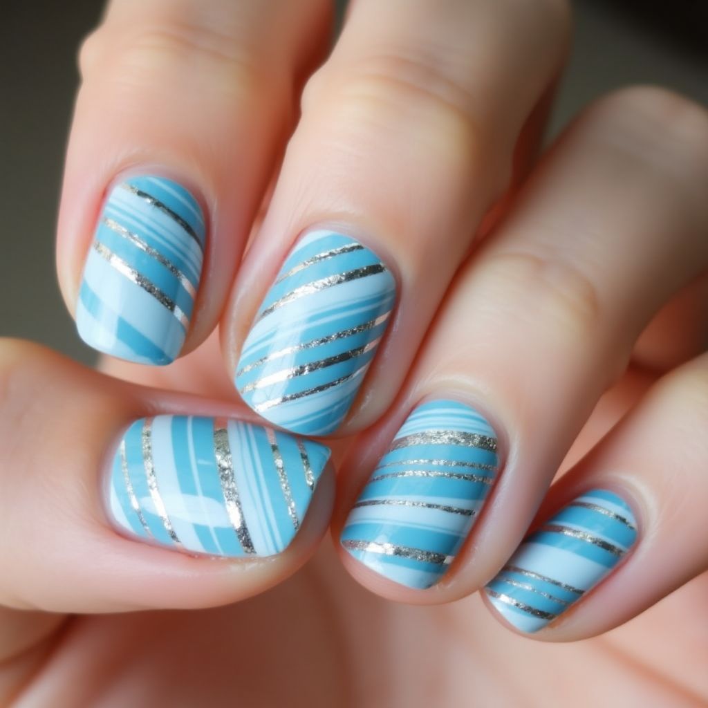 Baby Blue Stripes And Lines Nail Design