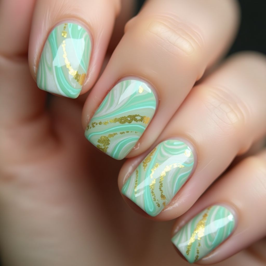 Pastel Green Water Marbling Nail Design