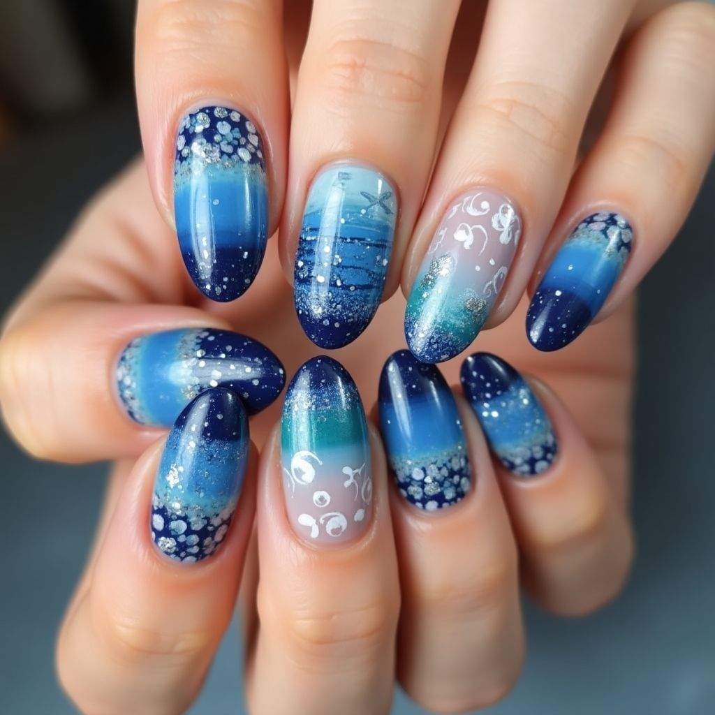 Blue Freehand Art Nail Design