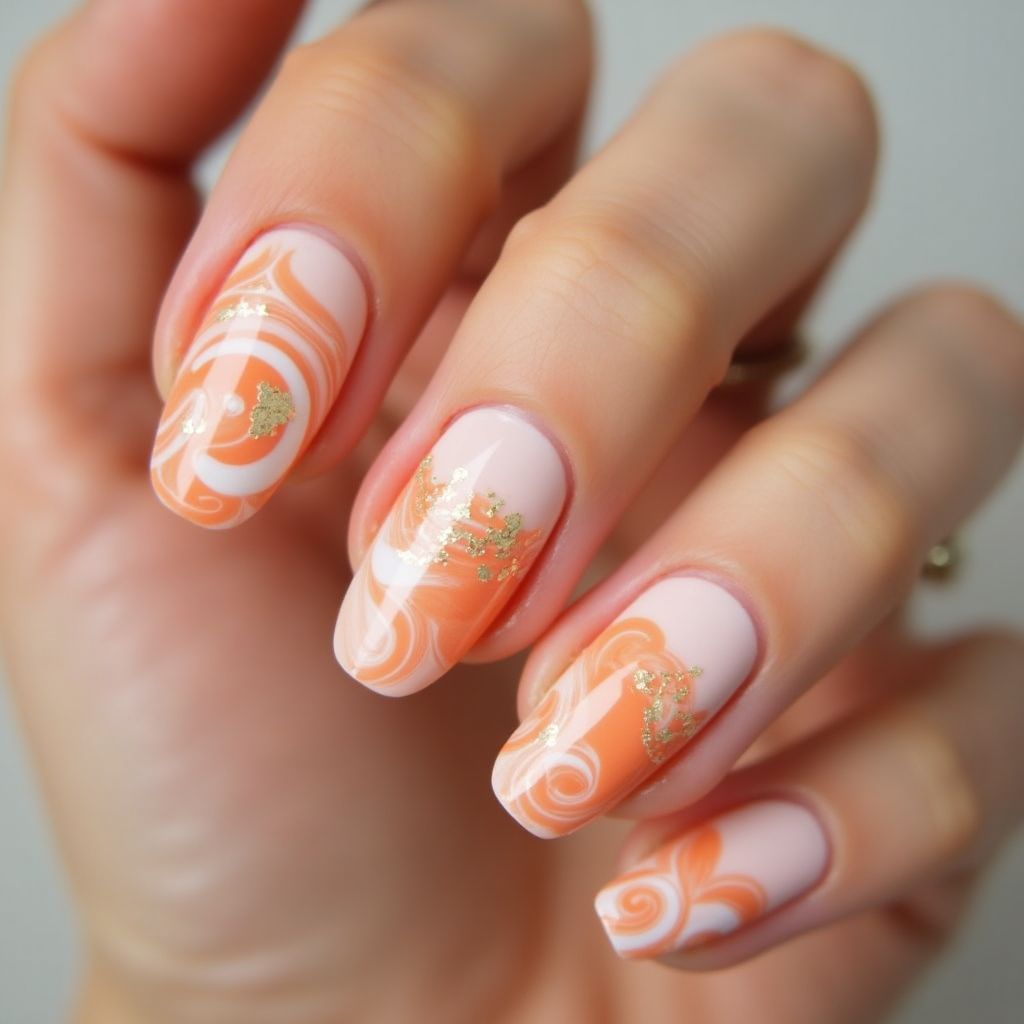Peach Water Marbling Nail Design