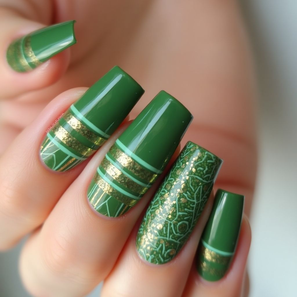 Green Stripes And Lines Nail Design