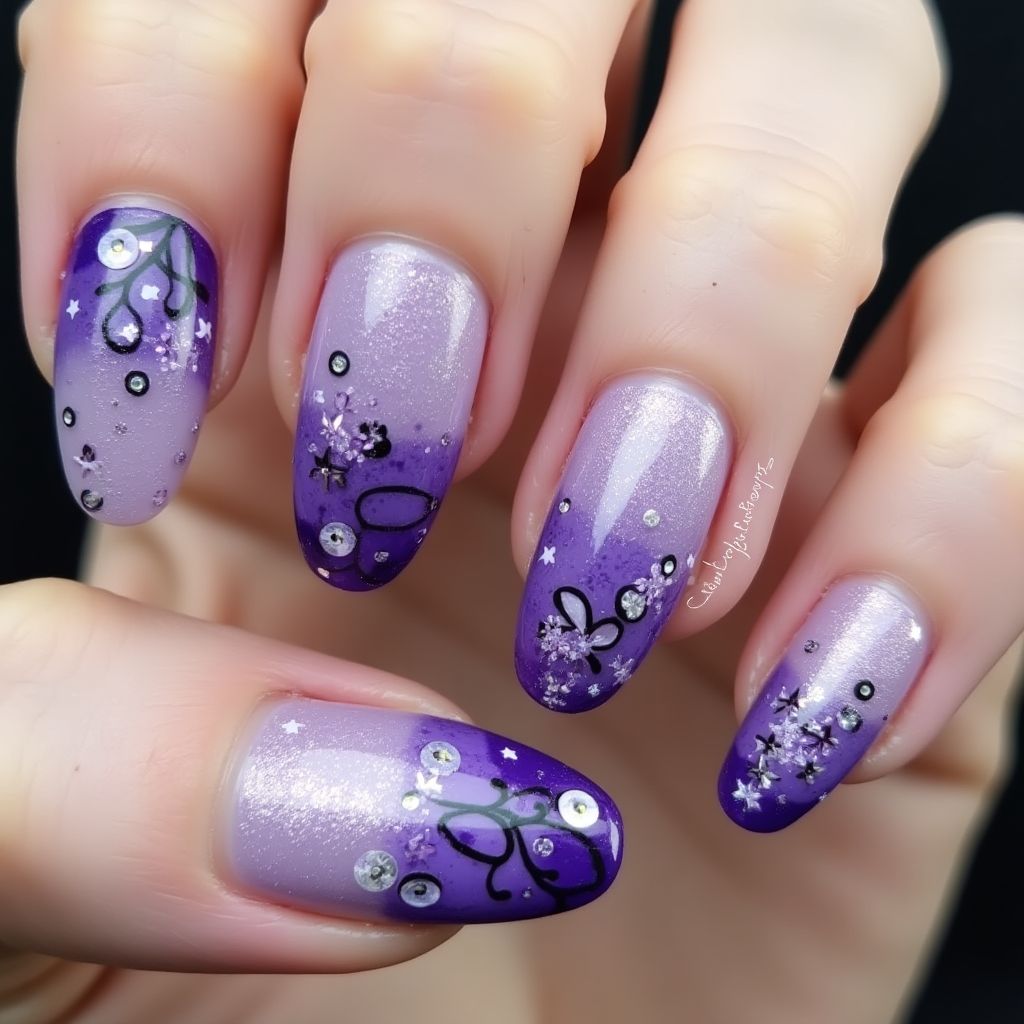 Purple Freehand Art Nail Design