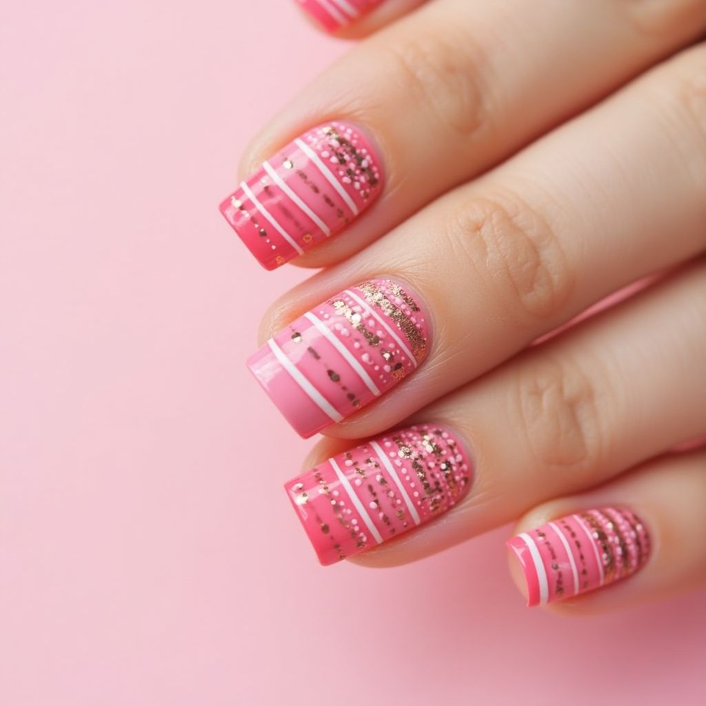 Pink Stripes and lines Nail Design