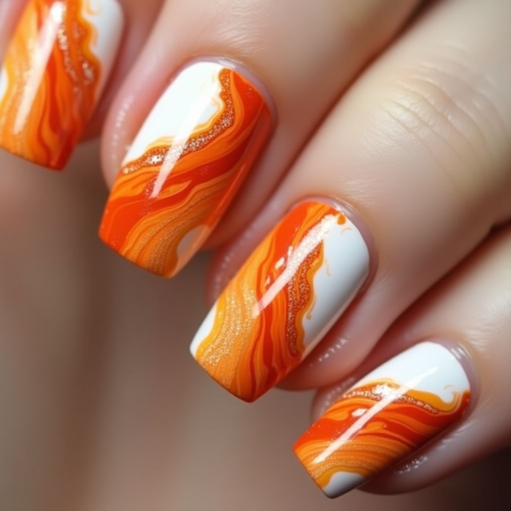 Orange Water Marbling Nail Design