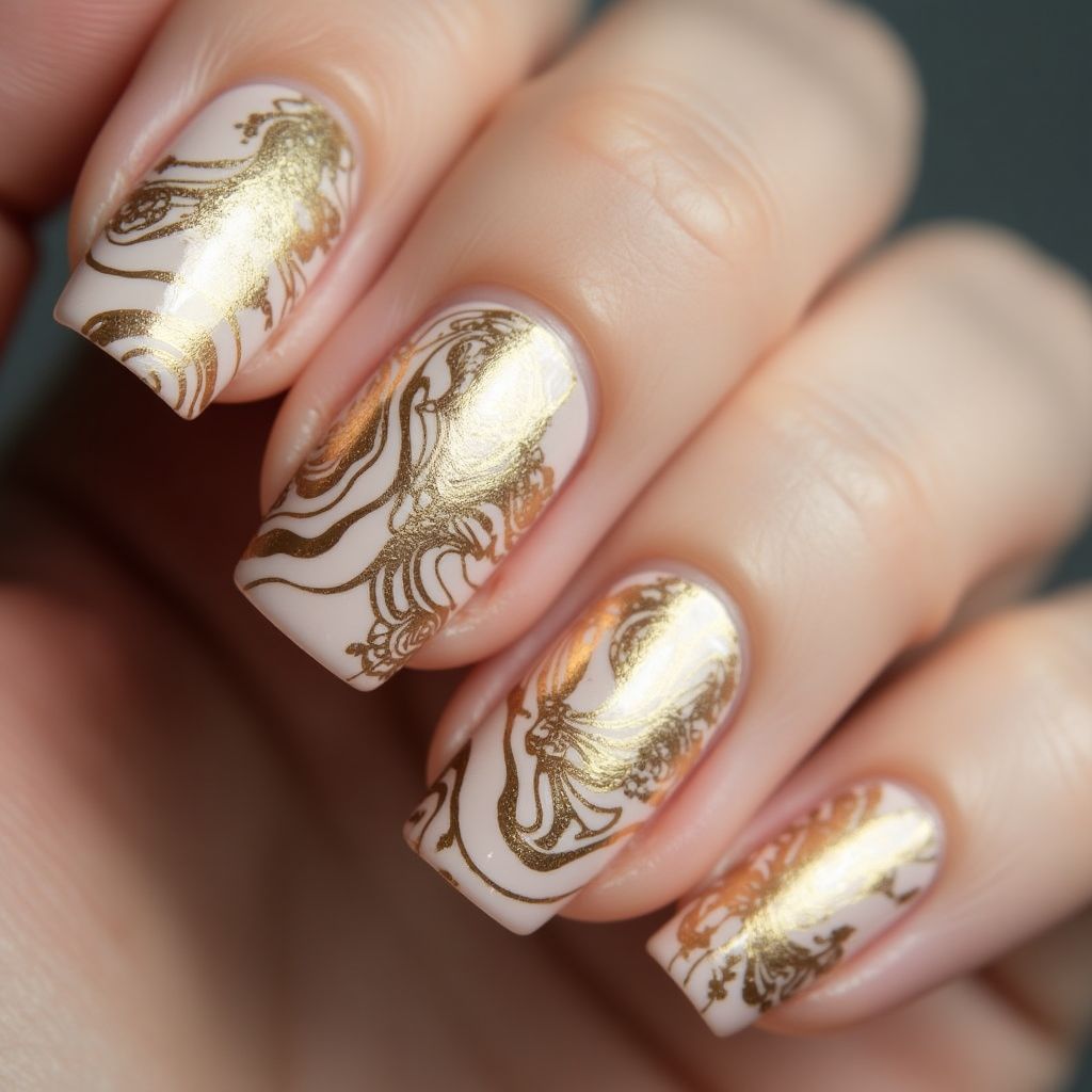 Gold Water Marbling Nail Design
