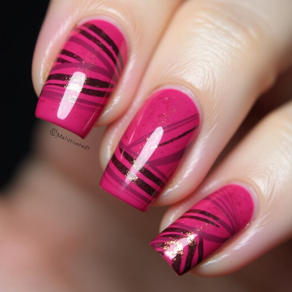 Fuchsia Stripes And Lines Nail Design