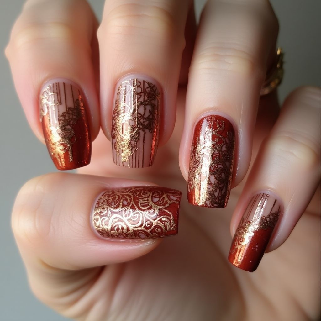 Copper Freehand Art Nail Design