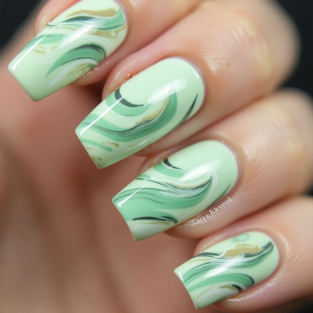 Pastel Green Water Marbling Nail Design