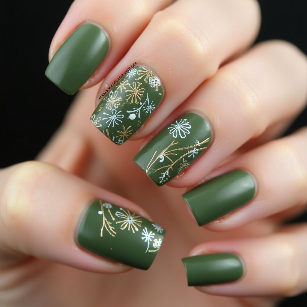 Olive Green Freehand Art Nail Design