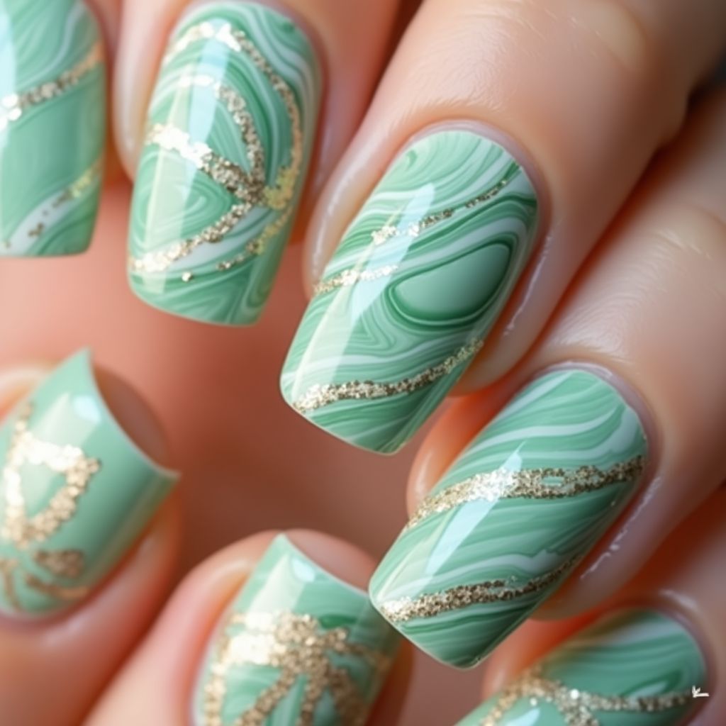 Mint Green Water Marbling Nail Design