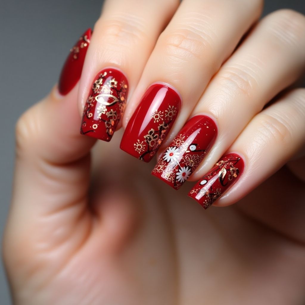 Red Freehand Art Nail Design