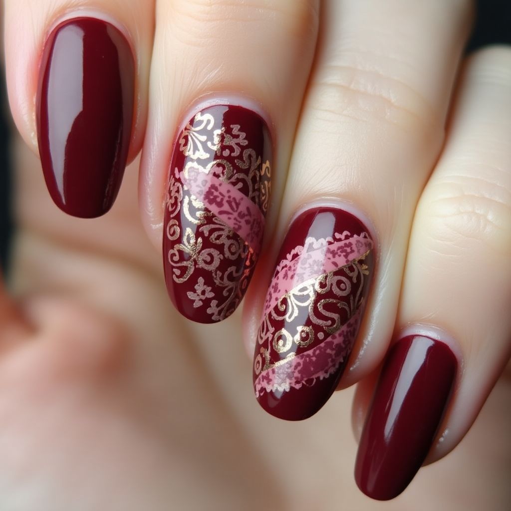 Burgundy Freehand Art Nail Design