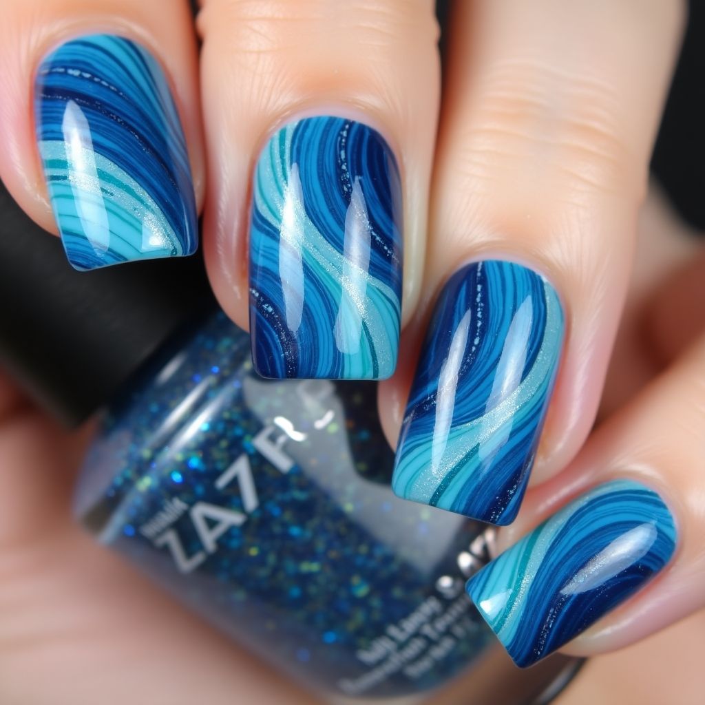 Blue Water marbling Nail Design