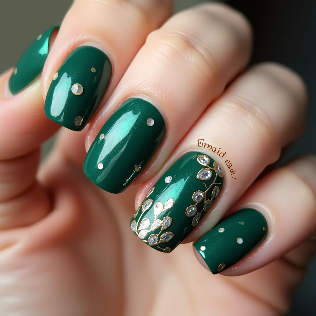 Emerald Green Dotting Nail Design