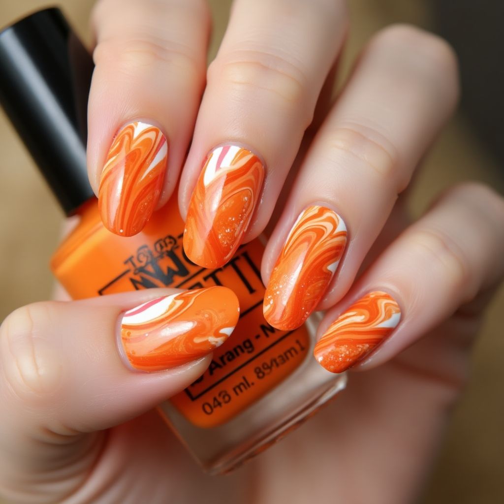 Orange Water Marbling Nail Design