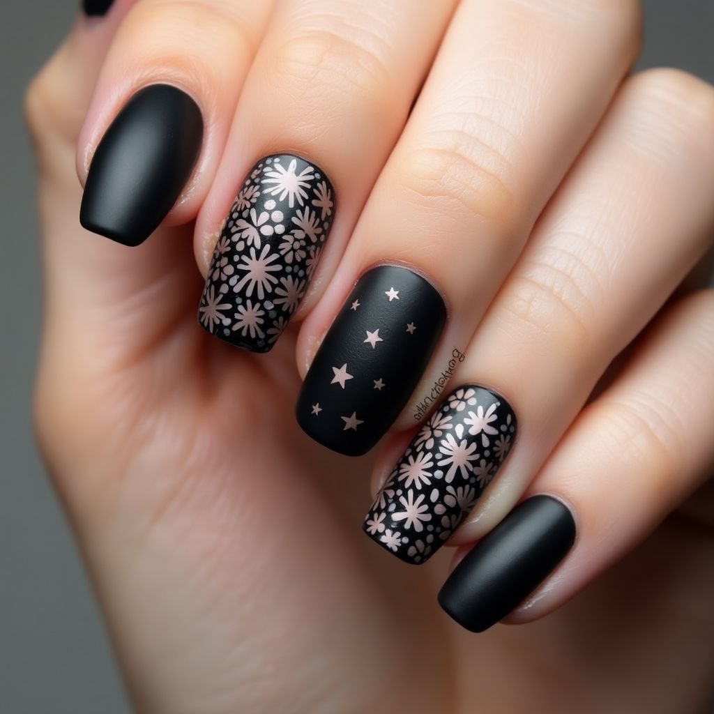Black Freehand Art Nail Design