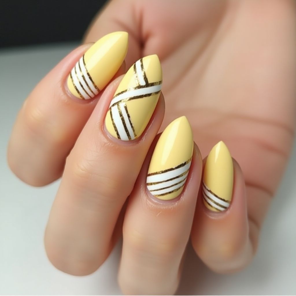 Pastel Yellow Stripes And Lines Nail Design