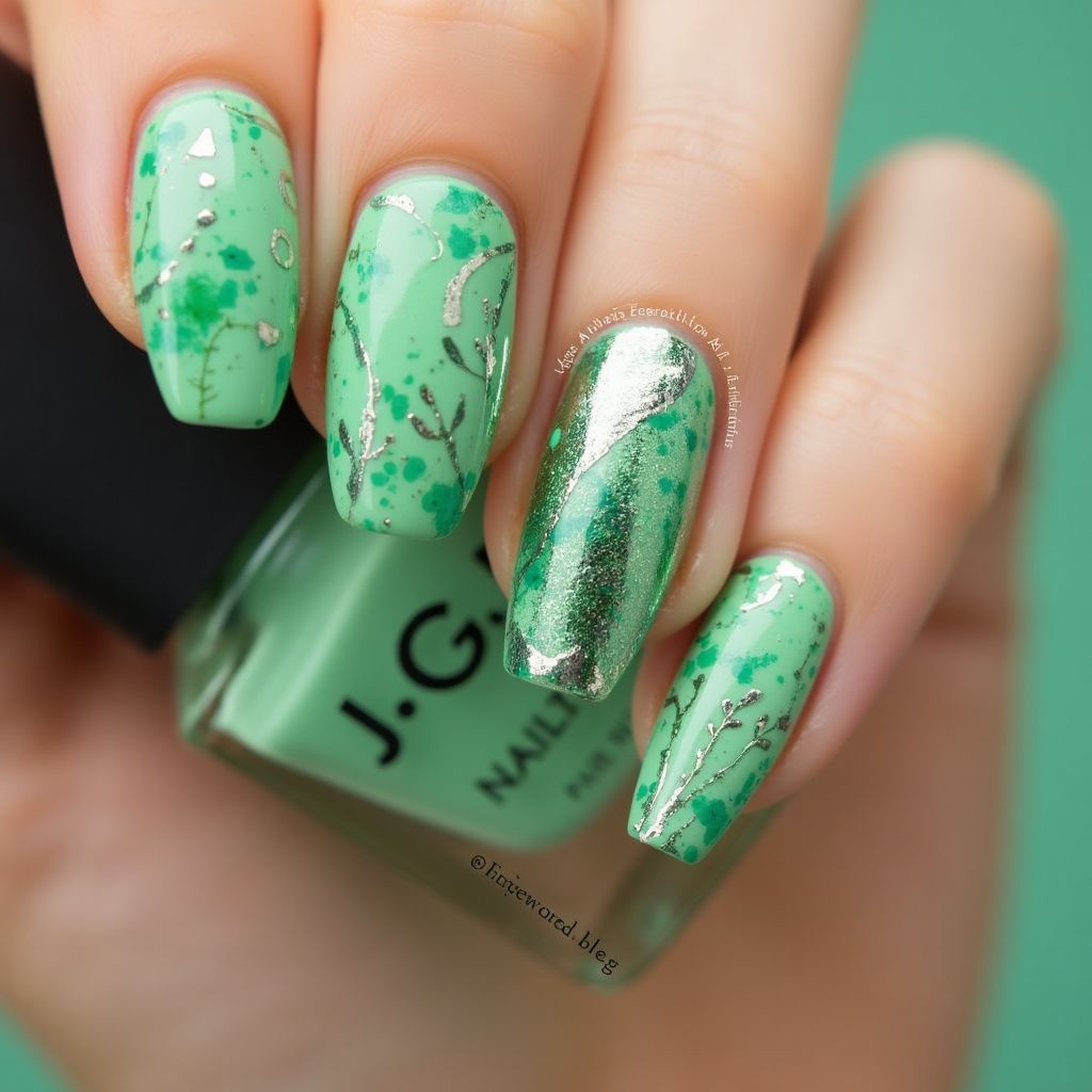 Green Freehand Art Nail Design