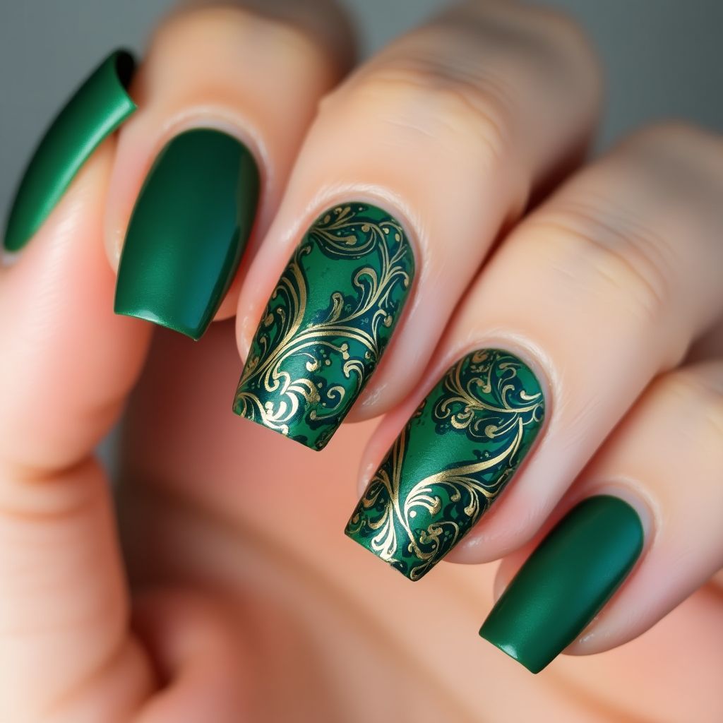 Emerald Green Freehand Art Nail Design