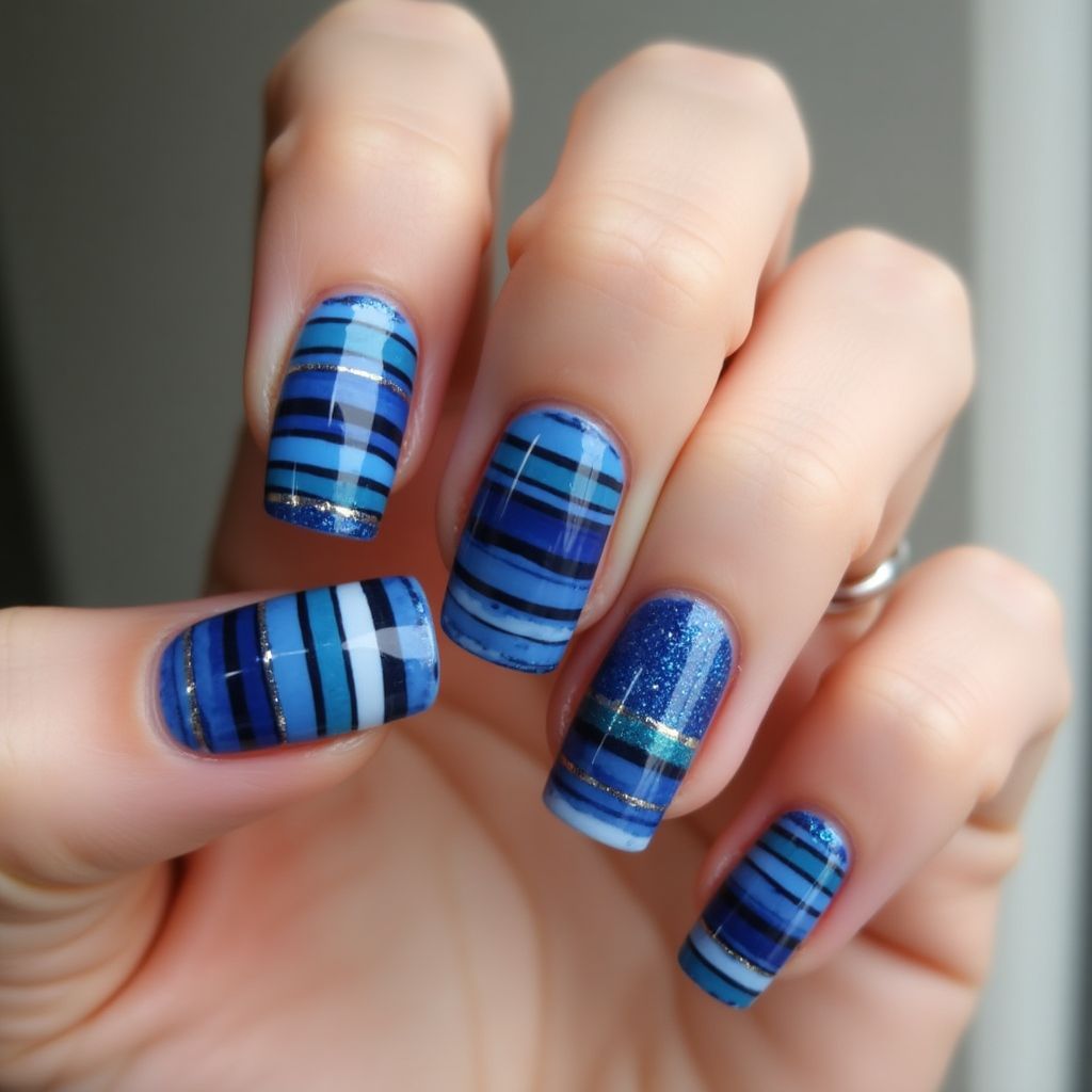 Blue Stripes And Lines Nail Design