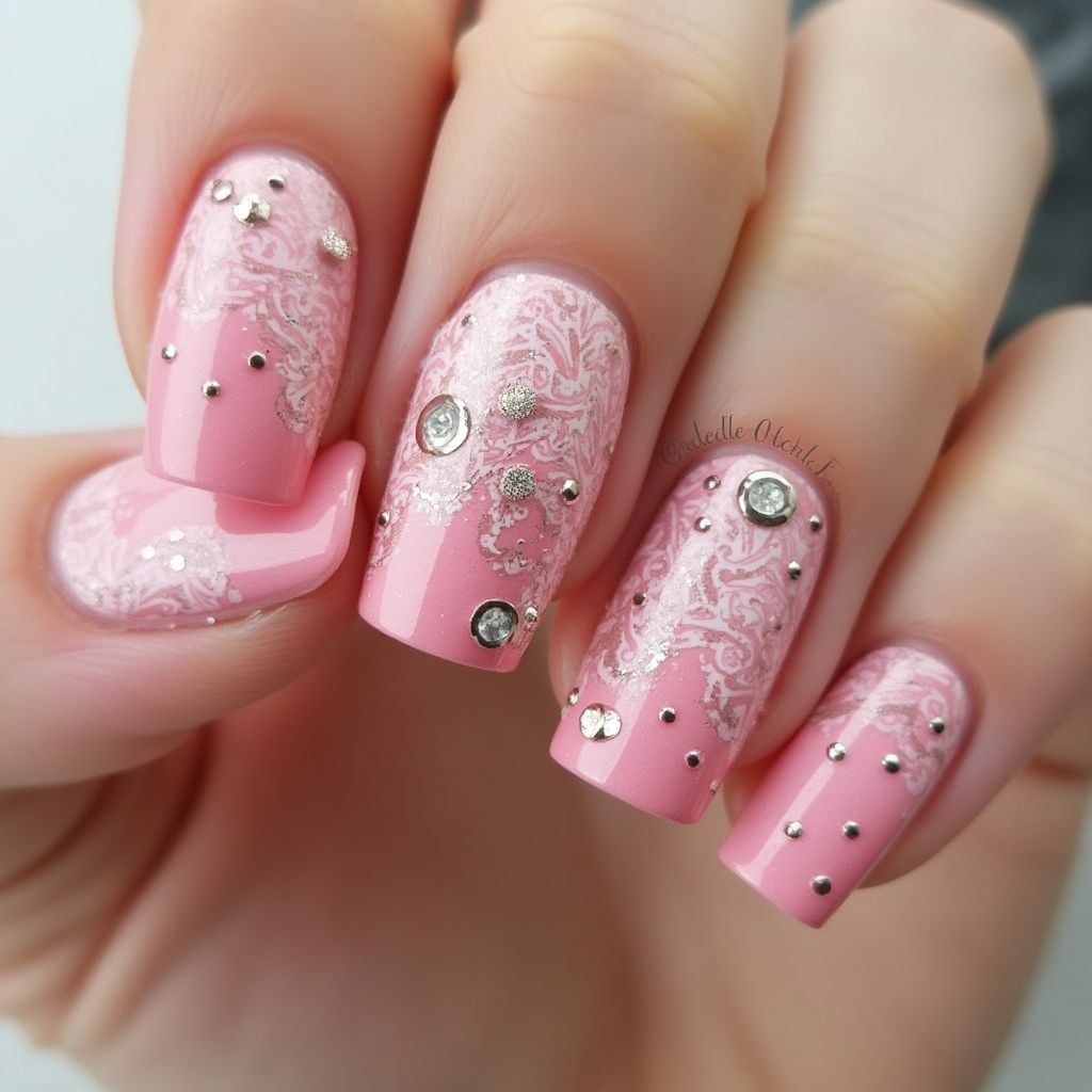 Pink Freehand art Nail Design
