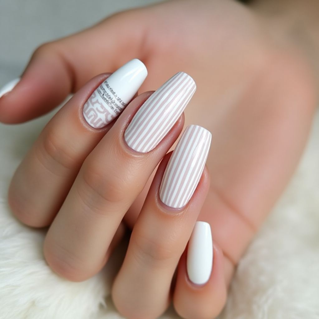 White Stripes And Lines Nail Design