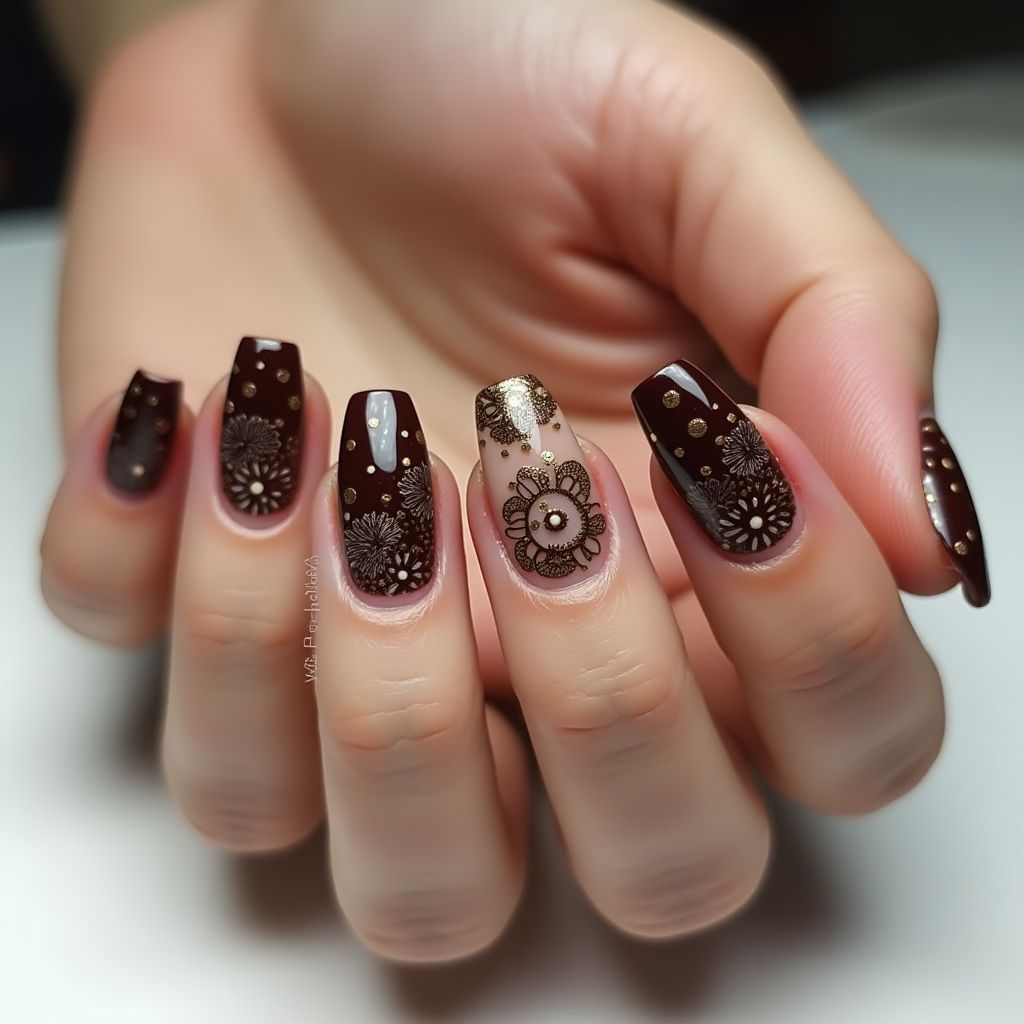 Chocolate Brown Freehand Art Nail Design
