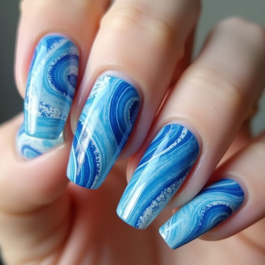 Blue Water Marbling Nail Design