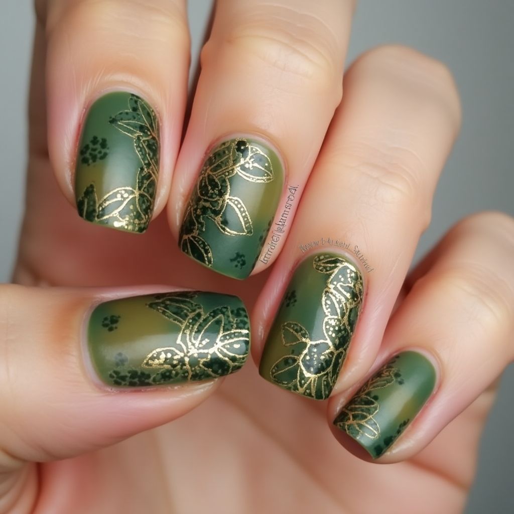 Olive Green Freehand Art Nail Design