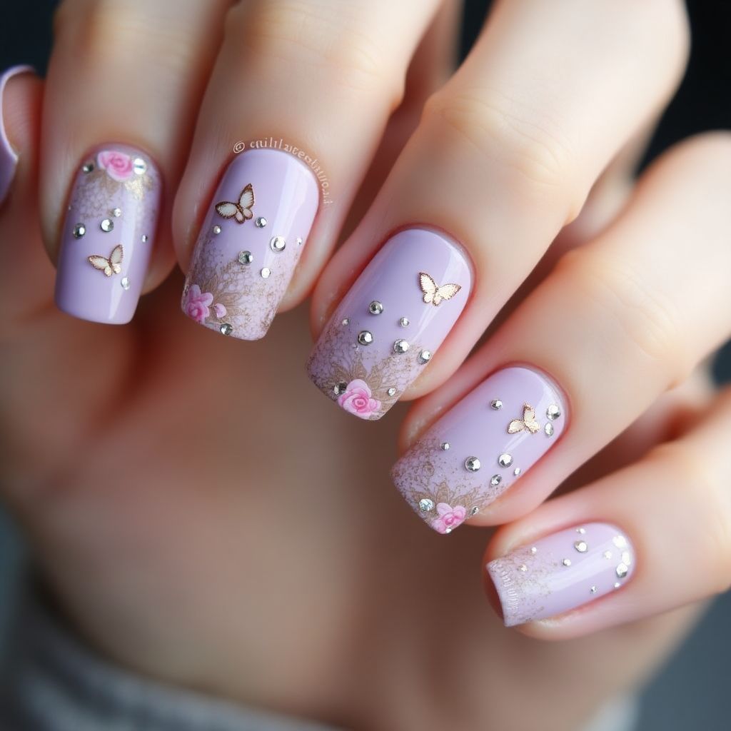 Lilac Freehand Art Nail Design